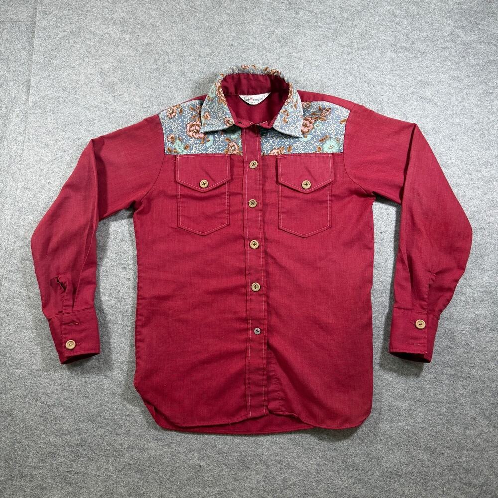 Vintage 1970s Wrangler Lady Western Shirt Womens 32 Maroon Floral Front USA